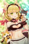  :d ahoge animal_ear_fluff animal_ears apron bare_shoulders blonde_hair blurry blurry_background blush bow breasts cat cat_ears cat_tail cleavage cleavage_cutout crop_top curly_hair detached_collar eyebrows_visible_through_hair fang frills green_eyes hair_bow headdress houchi_shoujo large_breasts light_particles looking_at_viewer maid maid_apron midriff naomi_(fantasia) navel neck_ribbon open_mouth outdoors petting pink_bow pink_ribbon red_bow ribbon short_hair smile solo sparkle standing tail tail_bow wrist_cuffs 