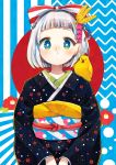  absurdres animal animal_on_shoulder aqua_eyes bangs bird black_kimono blue_background blunt_bangs bob_cut bow chick commentary_request dots feathers flower hair_bow hair_feathers hair_ornament heart heart_hair_ornament highres japanese_clothes kimono long_sleeves looking_at_viewer looking_past_viewer multicolored_sash nengajou new_year original pink_heart rainys_bill red_bow red_sun sash short_hair silver_hair solo striped striped_background striped_bow striped_sash two-tone_background two-tone_bow v_arms white_background white_bow yellow_feathers 