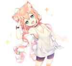  1girl ahoge animal_ears arm_up bike_shorts blue_eyes blush breasts cat_ears choker eyebrows_visible_through_hair ha_youn hair_bobbles hair_ornament highres hinata_channel kneehighs long_hair looking_at_viewer nekomiya_hinata open_mouth orange_legwear pink_hair simple_background small_breasts smile solo sparkle striped striped_legwear twintails very_long_hair white_background 