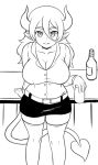  belt bottle breasts cleavage collarbone commentary demon_girl demon_tail english_commentary greyscale hair_between_eyes highres horns large_breasts long_hair looking_at_viewer monochrome nav office_lady original parted_lips pointy_ears smile solo tail thighhighs zettai_ryouiki 
