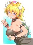  bangs black_choker black_dress blonde_hair blue_eyes bowsette bracelet breasts choker claw_pose crown deyuuku dress earrings from_side grin horns jewelry large_breasts looking_at_viewer mario_(series) nail_polish new_super_mario_bros._u_deluxe pointy_ears ponytail slit_pupils smile solo spiked_armlet spiked_bracelet spiked_choker spiked_shell spikes strapless strapless_dress super_crown turtle_shell upper_body white_nails 