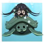  air_bubble artist_request black_hair blush brown_eyes bubble chibi diving_mask diving_mask_on_eyes k-on! nakano_azusa photoshop school_uniform shell source_request swimming ton-chan turtle twintails underwater 