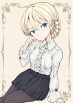  absurdres arm_at_side arm_behind_back arm_support bangs black_legwear black_skirt blonde_hair blue_eyes braid brown_background closed_mouth collar commentary darjeeling eyebrows_visible_through_hair formal frilled_collar frilled_shirt_collar frills girls_und_panzer head_tilt highres leaning_to_the_side light_frown long_sleeves looking_at_viewer miniskirt pantyhose pleated_skirt shibagami shirt short_hair sitting skirt solo tied_hair twin_braids white_shirt wing_collar yokozuwari 