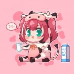  :d animal_costume aqua_eyes bangs blush_stickers chibi commentary cosplay cow_costume cow_hood cup dodapan drawstring full_body highres holding holding_cup hood hood_up kigurumi kurosawa_ruby looking_at_viewer love_live! love_live!_sunshine!! milk_carton open_mouth outline pink_background red_hair sitting smile solo two_side_up white_outline yellow_neckwear 