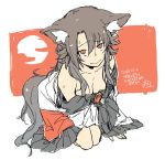  animal_ear_fluff animal_ears blush breasts brooch brown_hair cleavage closed_mouth collarbone dated dress eyebrows_visible_through_hair hair_between_eyes hair_over_shoulder imaizumi_kagerou jewelry leaning_forward long_hair looking_at_viewer medium_breasts numa_(minus_4k) off-shoulder_dress off_shoulder red_eyes seiza sidelocks simple_background sitting solo tail tareme touhou translation_request wolf_ears wolf_tail 