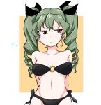  anchovy angry arms_behind_back asutoro_(s--t) bangs bikini black_ribbon breasts closed_mouth collarbone commentary drill_hair embarrassed eyebrows_visible_through_hair flying_sweatdrops frown girls_und_panzer green_hair hair_ribbon half-closed_eyes highres long_hair looking_away medium_breasts navel o-ring o-ring_bikini outside_border red_eyes ribbon side-tie_bikini solo standing swimsuit twin_drills twintails 