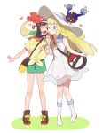  bag beanie blonde_hair braid closed_eyes commentary_request cosmog dress duffel_bag gen_7_pokemon green_eyes green_shorts handbag hat highres holding_hands lillie_(pokemon) long_hair mizuki_(pokemon) multiple_girls one_eye_closed open_mouth poke_ball_theme pokemon pokemon_(game) pokemon_sm red_hat rowlet see-through shirt short_sleeves shorts simple_background sleeveless sleeveless_dress standing sun_hat tied_shirt twin_braids unapoppo white_background white_dress white_hat z-ring 