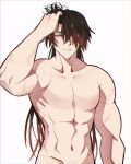  1boy bangs black_hair brown_hair closed_mouth collarbone cuts genshin_impact hair_between_eyes hair_over_one_eye hand_in_hair hand_on_own_head highres injury kingidol long_hair looking_at_viewer male_focus midriff multicolored_hair navel nude one_eye_covered pectorals scar scar_on_arm simple_background solo toned toned_male wet wet_hair white_background yellow_eyes zhongli_(genshin_impact) 