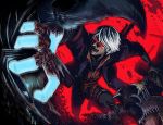  buckle coat commentary_request demon devil_may_cry devil_may_cry_4 glowing grabbing imosen nero_(devil_may_cry) open_mouth red_background red_eyes ripping solo sword weapon white_hair 