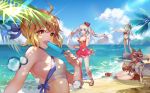  animal animal_ears beach bikini blonde_hair blue_eyes bow clouds fate/grand_order fate_(series) hat ice_cream long_hair marie_antoinette_(fate/grand_order) mordred navel ponytail saber short_hair sky swimsuit tagme_(artist) tail tamamo_no_mae_(fate) twintails water white_hair yellow_eyes 