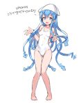  :d aak absurdres ass_visible_through_thighs bangle bangs bare_legs bare_shoulders barefoot blue_eyes blue_hair bracelet breasts covered_navel eyebrows_visible_through_hair hair_between_eyes hat highres ikamusume jewelry knees_together_feet_apart korean long_hair open_mouth shinryaku!_ikamusume simple_background small_breasts smile solo squid_hat standing swimsuit tentacle_hair translation_request very_long_hair white_background white_hat white_swimsuit 