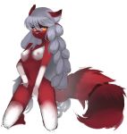  2012 anthro braided_hair breasts feline female gloves_(marking) grey_hair hair inner_ear_fluff kanel kneeling long_hair mammal markings nipples orange_eyes simple_background solo tailband white_background 