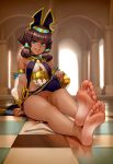  bangs barefoot black_hair blue_eyes blunt_bangs breasts commentary commission dark_skin detached_sleeves dragalia_lost egyptian_clothes english_commentary eyeliner feet full_body gorget hair_tubes headgear highres kairuhentai looking_at_viewer makeup nefaria no_panties palace pov_feet pubic_hair pussy_peek see-through see-through_sleeves short_hair_with_long_locks sitting skirt skirt_lift small_breasts smile soles solo thigh_strap toes 