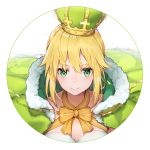  artoria_pendragon_(all) artoria_pendragon_(swimsuit_archer) bangs black_cola blonde_hair bow breasts cloak closed_mouth crown eyebrows_visible_through_hair fate/grand_order fate_(series) fur-trimmed_cloak fur_trim green_cloak green_eyes hair_between_eyes heart heart-shaped_pupils highres long_hair medium_breasts sidelocks smile solo strapless strapless_swimsuit striped striped_bow swimsuit symbol-shaped_pupils white_background white_swimsuit yellow_bow 