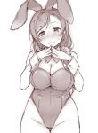  animal_ears blush bow bowtie breasts bunny_ears bunnysuit cleavage cowboy_shot detached_collar deyuuku greyscale groin hair_over_shoulder highleg highleg_leotard large_breasts leotard long_hair looking_at_viewer love_live! love_live!_school_idol_project low-tied_long_hair monochrome nose_blush smile solo steepled_fingers sweatdrop thigh_gap toujou_nozomi wrist_cuffs 