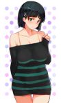  arm_behind_back bare_shoulders black_hair blush breasts chromatic_aberration closed_mouth collarbone dress eyebrows_visible_through_hair green_eyes hair_ornament hairclip head_tilt highres kirigaya_suguha kurowa large_breasts looking_at_viewer off-shoulder_sweater polka_dot polka_dot_background short_hair sleeves_past_wrists solo striped striped_sweater sweater sweater_dress sword_art_online white_background 