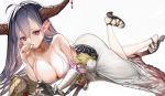  antenna_hair bandaged_arm bandages black_hair breasts cleavage danua doll draph dress gloves granblue_fantasy highres horn_ornament horns large_breasts lying nipple_slip nipples nyatabe pointy_ears red_eyes thumb_sucking white_dress 