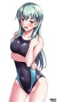  alternate_costume aqua_eyes aqua_hair arm_under_breasts bangs blush breasts commentary_request competition_swimsuit covered_navel cowboy_shot eyebrows_visible_through_hair groin hair_ornament hairclip hand_up highres kantai_collection large_breasts long_hair looking_at_viewer one-piece_swimsuit open_mouth sidelocks signature simple_background solo suzuya_(kantai_collection) swimsuit taut_clothes taut_swimsuit thighs tsuchimiya white_background 