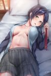  absurdres bangs blue_hair blue_jacket blue_shirt blush breasts collarbone dress_shirt grey_skirt hayami_kanade highres idolmaster idolmaster_cinderella_girls jacket large_breasts looking_at_viewer lying navel necktie necktie_removed no_bra on_back on_bed open_clothes open_jacket open_mouth open_shirt parted_bangs pillow pleated_skirt red_neckwear sakiryo_kanna shirt short_hair skirt solo yellow_eyes 