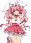  animal_ears antenna_hair bangs blush breasts brown_eyes bunny_ears cleavage clenched_hand detached_sleeves deyuuku di_gi_charat dice_hair_ornament eyebrows_visible_through_hair hair_ornament hair_ribbon halterneck hands_up high-waist_skirt kneehighs large_breasts leg_lift long_hair looking_at_viewer neck_ribbon pink_hair pink_skirt red_footwear red_neckwear red_ribbon ribbon shirt short_sleeves simple_background skirt smile solo twintails usada_hikaru white_background white_legwear white_shirt wrist_ribbon 