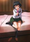  a1 bed black_eyes black_hair blush girls_und_panzer highres looking_at_phone non-web_source ooarai_school_uniform open_mouth phone school_uniform skirt socks solo utsugi_yuuki 