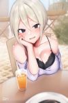  arm_at_side bangs bare_shoulders black_eyes blonde_hair blurry blush breast_rest breasts casual chair collarbone cup depth_of_field drinking_glass drinking_straw earrings elbow_rest eyebrows_visible_through_hair floral_print glass hair_between_eyes head_tilt highres idolmaster idolmaster_cinderella_girls idolmaster_cinderella_girls_starlight_stage jewelry juice looking_at_viewer medium_breasts off-shoulder_shirt open_mouth orange_juice parted_bangs parted_lips rose_print sakiryo_kanna shiny shiny_skin shiomi_shuuko shirt short_hair signature sitting table white_shirt 