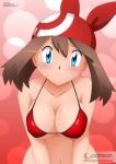  1girl bandanna bare_arms bare_shoulders bikini bikini_top blue_eyes blush breasts brown_hair cleavage closed_mouth collarbone creatures_(company) erect_nipples game_freak haruka_(pokemon) large_breasts leaning_forward looking_at_viewer navel nintendo pokemon pokemon_(game) red_bikini sidelocks smile solo swimsuit zel-sama 