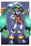  absurdres aqua_hair bare_shoulders bracelet breasts commentary_request cosplay crop_top crotch_plate dakusuta dark_skin detached_sleeves gradient gradient_background green_hair helmet high_heels highres holding holding_staff jewelry long_hair medium_breasts pandora_(rockman) pandora_(rockman)_(cosplay) power_armor red_eyes rockman rockman_dash rockman_zx simple_background solo staff standing thighhighs twintails weapon yuna_(rockman_dash) 