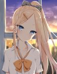  abigail_williams_(fate/grand_order) alternate_costume alternate_hairstyle bangs blonde_hair blue_eyes blush bow bow_earrings bowtie collarbone collared_shirt commentary_request contemporary dress_shirt earrings eyebrows_visible_through_hair fate/grand_order fate_(series) forehead hair_behind_ear hair_bow hair_ornament hairclip head_tilt highres indoors jewelry kamu_(geeenius) lens_flare long_hair looking_at_viewer orange_neckwear parted_bangs polka_dot polka_dot_bow ponytail shirt short_sleeves sky solo tsurime twilight upper_body white_shirt window wing_collar 
