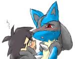  ambiguous_gender anthro ash_ketchum blush duo human human_on_anthro interspecies lucario male male/ambiguous mammal nintendo pasaran pok&eacute;mon pok&eacute;mon_(species) red_eyes simple_background sweat video_games white_background 