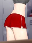  ass back bare_back blurry blurry_background blurry_foreground boyshorts breasts deathalice depth_of_field female_commander_(girls_frontline) from_behind girls_frontline head_out_of_frame indoors locker locker_room medium_breasts red_shorts shorts side_slit solo sports_bra sweat thighs 