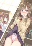  blazer blue_eyes book book_stack bookshelf breasts brown_hair closed_mouth commentary dutch_angle embarrassed eyebrows_visible_through_hair green_eyes highres indoors jacket library lifted_by_self looking_at_viewer maigoyaki medium_breasts miniskirt multiple_girls open_book original panties pink_panties pleated_skirt reading school_uniform skirt skirt_lift standing symbol_commentary tears thighs underwear wet wet_clothes wet_panties 