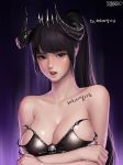  artist_name black_hair blue_eyes breasts demon_girl demon_horns highres horns kimdonga large_breasts lips long_hair looking_at_viewer mabinogi mabinogi_heroes nose open_mouth ponytail solo succubus succubus_queen_(mabinogi_heroes) sweat upper_body 