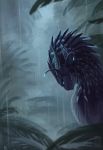  2018 ambiguous_gender blue_eyes day detailed_background digital_media_(artwork) dragon forest fur furred_dragon horn keltaan outside raining solo tree 