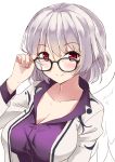  bespectacled black-framed_eyewear breasts cleavage collarbone eyebrows_visible_through_hair glasses hand_on_eyewear jacket kishin_sagume large_breasts long_sleeves looking_at_viewer purple_shirt red_eyes shirt short_hair silver_hair simple_background single_wing smile solo taishi_(moriverine) touhou upper_body white_background white_jacket white_wings wings 