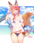  animal_ear_fluff animal_ears bikini bikini_under_clothes blue_bikini breasts collarbone day fang fate/grand_order fate_(series) fox_ears fox_tail large_breasts ocean one_eye_closed open_mouth outdoors pink_hair rijjin shirt side-tie_bikini solo swimsuit tail tamamo_(fate)_(all) tamamo_no_mae_(swimsuit_lancer)_(fate) wet wet_clothes wet_shirt wet_t-shirt 