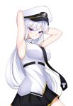  armpits arms_up azur_lane bangs bare_shoulders black_neckwear black_skirt blush breasts collared_shirt commentary_request enterprise_(azur_lane) eyebrows_visible_through_hair hair_between_eyes hat head_tilt highres koro_(tyunnkoro0902) large_breasts long_hair looking_at_viewer military_hat necktie peaked_cap pleated_skirt purple_eyes shirt silver_hair simple_background skirt sleeveless sleeveless_shirt solo very_long_hair white_background white_hat white_shirt 