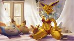  2018 5_fingers alanscampos anthro anthrofied bra clothed clothing detailed_background digital_media_(artwork) eevee eeveelution eyelashes female hi_res inside jolteon kneeling lingerie looking_at_viewer navel nintendo panties pikachu plushie pok&eacute;ball pok&eacute;mon pok&eacute;mon_(species) pok&eacute;morph purple_eyes smile snorlax solo underwear video_games 