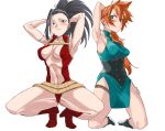  2girls aqua_eyes armpits arms_behind_back bare_arms black_eyes black_hair blush boku_no_hero_academia boots breasts chinese_clothes cleavage closed_mouth dress kendou_itsuka kneeling leotard long_hair looking_at_viewer medium_breasts multiple_girls nukewaffle one_arm_up open_leotard orange_hair ponytail simple_background sleeveless sleeveless_dress smile spread_legs squatting white_background yaoyorozu_momo 