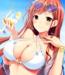  adjusting_hair arisugawa_natsuha azuma_yuki bangs bikini black_eyes blush bracelet breasts center_opening cocktail_glass collarbone criss-cross_halter cup day drinking_glass earrings eyebrows_visible_through_hair eyewear_on_head halterneck holding holding_cup idolmaster idolmaster_shiny_colors jewelry large_breasts long_hair looking_at_viewer o-ring o-ring_bikini o-ring_top red_hair sky smile solo sparkle sunglasses swept_bangs swimsuit twitter_username upper_body very_long_hair white_bikini 