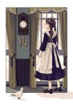  apron arms_at_sides bangs bird blue_dress blunt_bangs blush brown_eyes brown_hair clock closed_mouth commentary_request curtains day dress frilled_apron frills from_behind full_body highres indoors kashiwagi_chisame legs_apart long_hair long_sleeves looking_at_clock maid maid_headdress original outside_border pendulum_clock profile purple_footwear ribbon shadow shoes solo standing sunlight twintails white_apron white_legwear white_ribbon window 