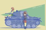  brown_eyes brown_hair caterpillar_tracks commentary futsure girls_und_panzer ground_vehicle highres holding kuromorimine_military_uniform military military_vehicle motor_vehicle multiple_girls nishizumi_maho nishizumi_miho ooarai_school_uniform panzerkampfwagen_ii shirt short_hair siblings simple_background sisters skirt smile standing tank 