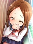  1girl blush brown_eyes brown_hair class classroom forehead karakai_jouzu_no_takagi-san long_hair looking_at_viewer one_eye_closed pleated_skirt pov school school_uniform shiny shiny_hair shiny_skin shirt short_sleeves skirt smile solo takagi-san tears white_shirt white_sleeves window 