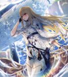  arm_support arm_up bangs bird blonde_hair cloud commentary_request dlwhdals901 feathers gloves hair_between_eyes highres long_hair looking_away military military_uniform original parted_lips rainbow red_eyes sky solo standing uniform whale wind 