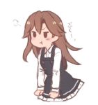  arashio_(kantai_collection) blush brown_hair commentary_request cropped_legs dress furrowed_eyebrows kantai_collection long_hair long_sleeves lowres pinafore_dress pout remodel_(kantai_collection) simple_background solid_oval_eyes solo terrajin white_background 