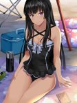  asato_(fadeless) bang_dream! bangs beach black_hair black_swimsuit book breasts cleavage collarbone commentary_request cooler criss-cross_halter food halterneck hand_on_own_thigh highres innertube long_hair looking_at_viewer medium_breasts neck_ribbon one-piece_swimsuit onigiri purple_eyes ribbon shirokane_rinko sitting smile solo swimsuit thermos towel white_neckwear 