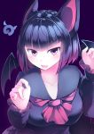  :d absurdres animal_ears bangs bat_ears bat_wings black_hair blunt_bangs claw_pose collarbone commentary_request common_vampire_bat_(kemono_friends) eyebrows_visible_through_hair fangs gradient_hair head_wings highres japari_symbol kanzakietc kemono_friends long_sleeves looking_at_viewer multicolored_hair open_mouth purple_background purple_eyes purple_hair short_hair simple_background smile solo upper_body v-shaped_eyebrows wings 
