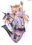  animal_ears arm_up bangs black_footwear blonde_hair blue_eyes blush boots breasts brown_hair bushman_idw cat_ears cat_tail collared_shirt commentary eyebrows_visible_through_hair fingerless_gloves girls_frontline gloves gun hair_between_eyes hair_ornament hairclip hanato_(seonoaiko) hand_up headset highres holding holding_gun holding_weapon idw_(girls_frontline) jumping knee_boots long_hair looking_at_viewer low_twintails necktie open_mouth parker-hale_idw ribbon shirt short_shorts shorts smile solo submachine_gun suspenders tail thigh_strap twintails twitter_username weapon 