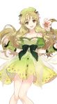  :d atelier_(series) atelier_ayesha ayesha_altugle bare_legs blonde_hair bow brown_eyes cropped_legs dress flower green_bow green_dress green_hat hair_flower hair_ornament hat highres holding holding_wand knees_together long_hair looking_at_viewer nelke_to_densetsu_no_renkinjutsushi_tachi noco_(adamas) official_art open_mouth smile solo transparent_background wand wrist_cuffs 