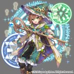  :d androgynous aqua_hat black_legwear boots brown_footwear brown_hair cape chain company_name green_eyes grey_background hat hat_chain holding holding_staff key keyhole knee_boots lock magic_circle official_art open_mouth rival_arena_vs short_hair smile solo staff standing takamiya_ren witch_hat 